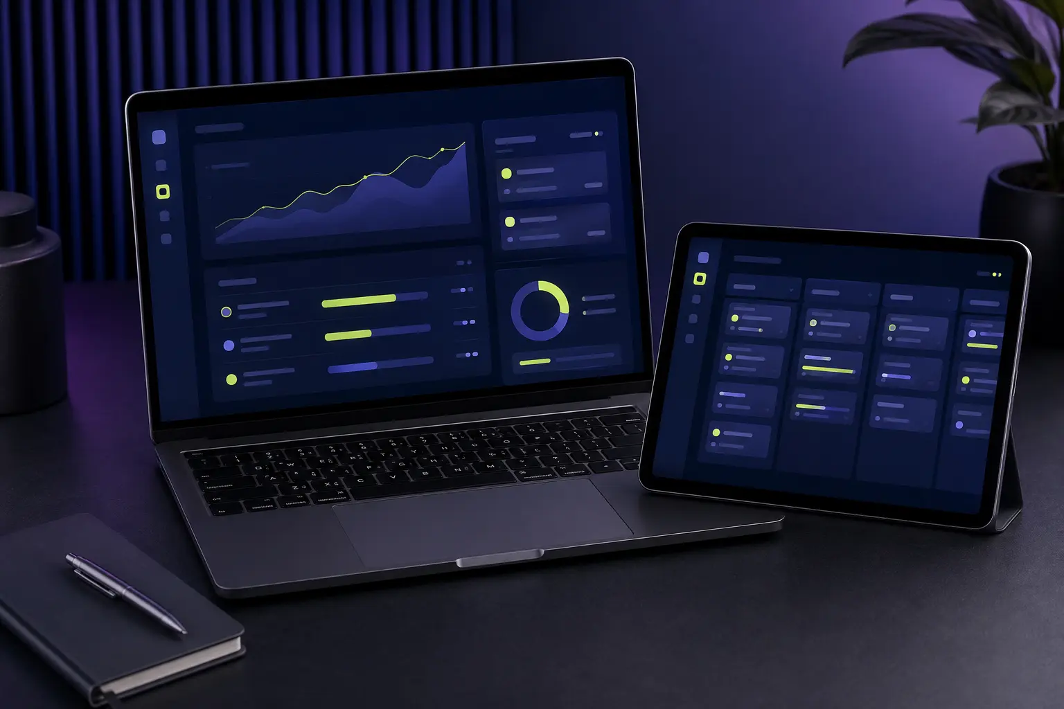 Chack Suite mostrando el avance y las tareas de un proyecto en notebook y tablet